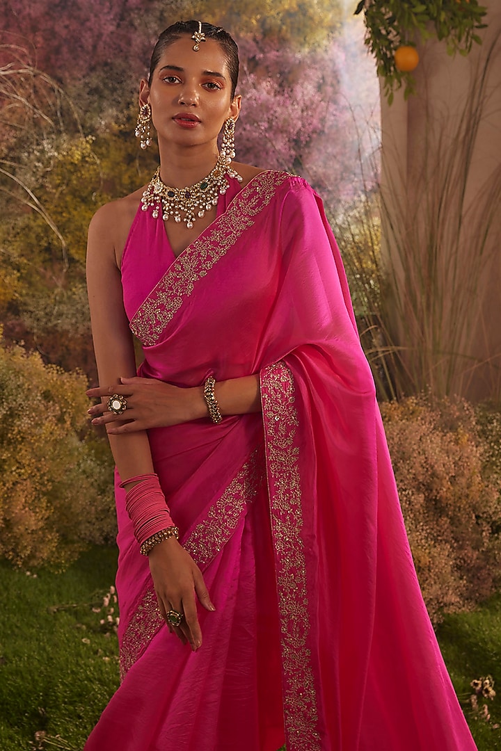 Hot Pink Silk Organza Hand Embroidered Wedding Saree Set by Charu Makkar at Pernia's Pop Up Shop