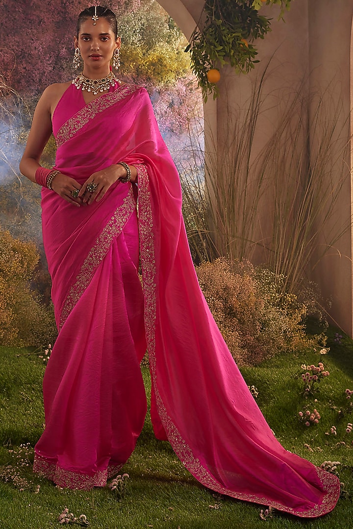 Hot Pink Silk Organza Hand Embroidered Wedding Saree Set by Charu Makkar at Pernia's Pop Up Shop