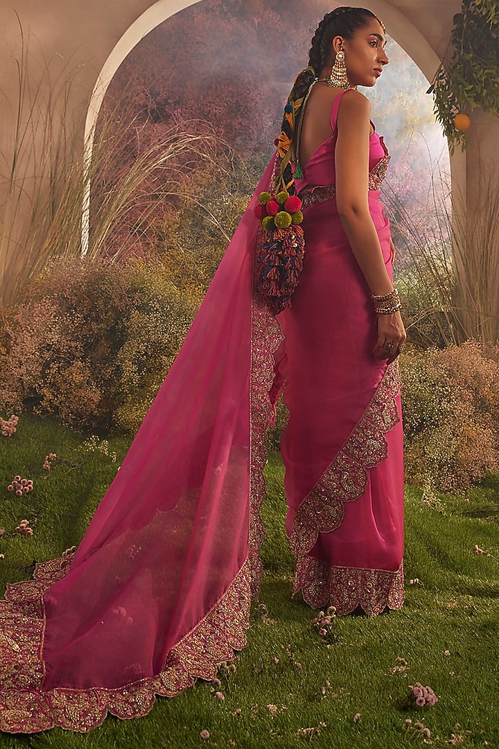 Hot Pink Silk Organza Zardosi Hand Embroidered Bridal Saree Set by Charu Makkar at Pernia's Pop Up Shop