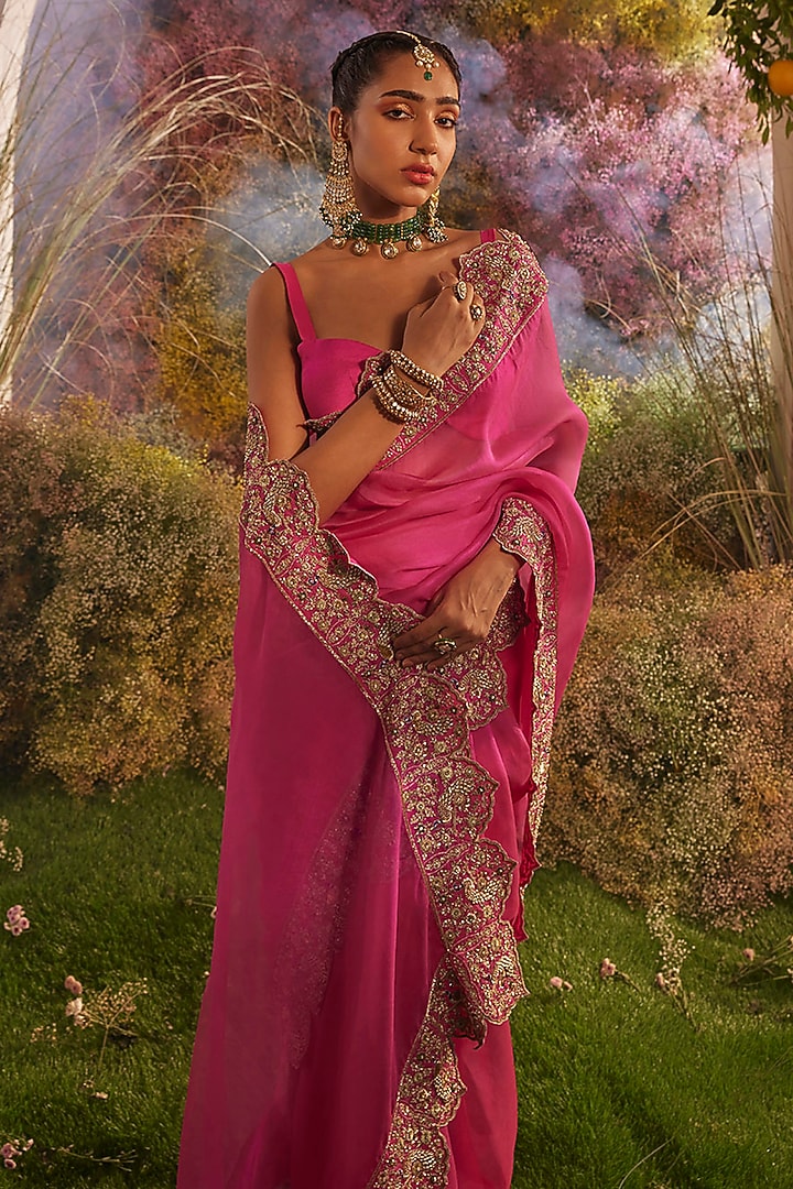 Hot Pink Silk Organza Zardosi Hand Embroidered Bridal Saree Set by Charu Makkar at Pernia's Pop Up Shop