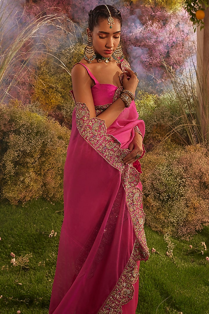 Hot Pink Silk Organza Zardosi Hand Embroidered Bridal Saree Set by Charu Makkar at Pernia's Pop Up Shop