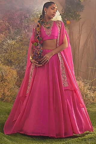 Hot Pink Silk Organza Hand Embroidered Cape Set by Charu Makkar