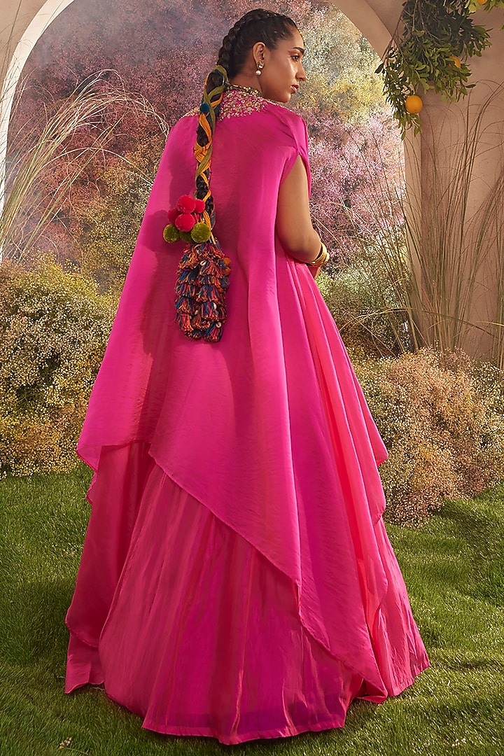 Hot Pink Silk Organza Hand Embroidered Cape Set by Charu Makkar at Pernia's Pop Up Shop