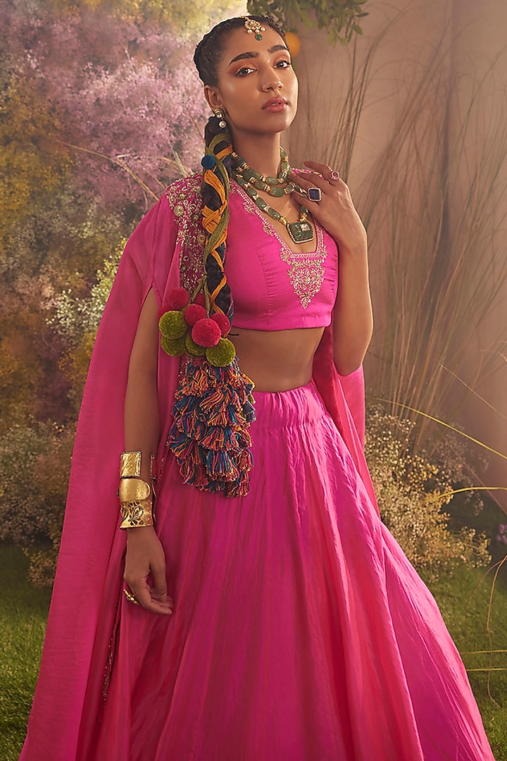 Hot Pink Silk Organza Hand Embroidered Cape Set by Charu Makkar at Pernia's Pop Up Shop