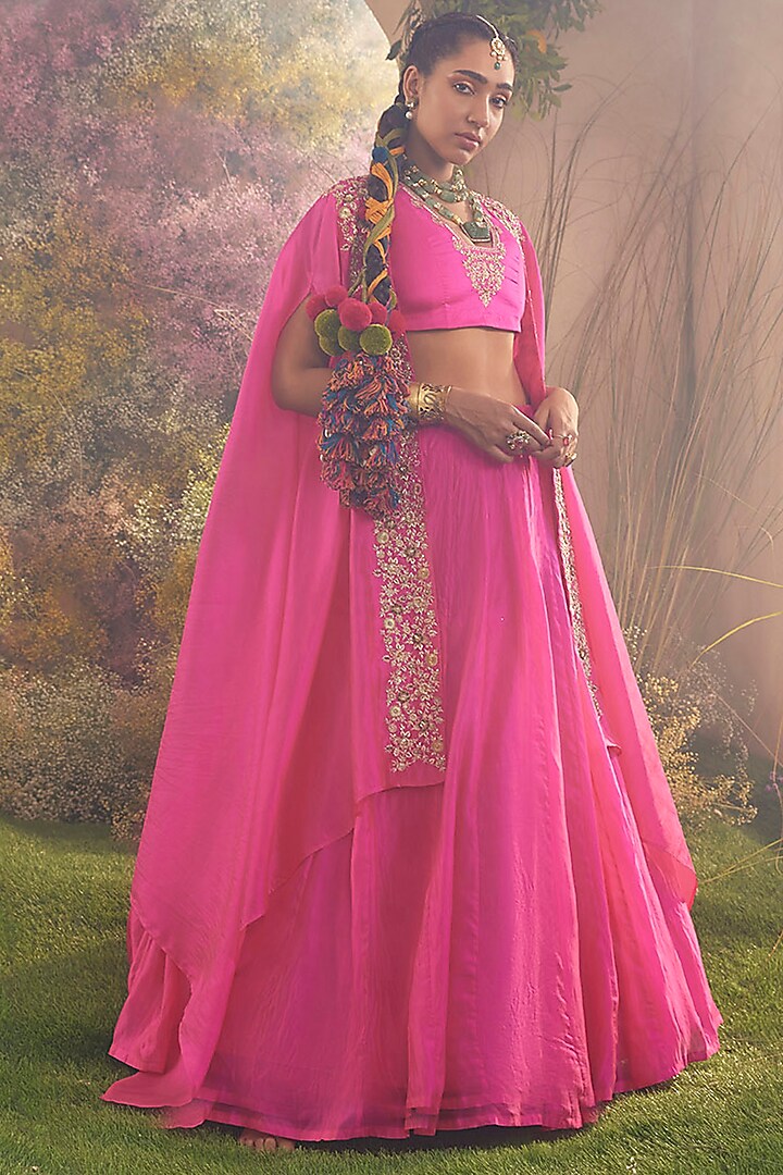 Hot Pink Silk Organza Hand Embroidered Cape Set by Charu Makkar at Pernia's Pop Up Shop