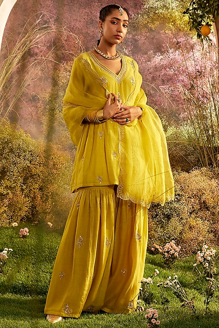 Mustard Soft Chanderi Sharara Set by Charu Makkar
