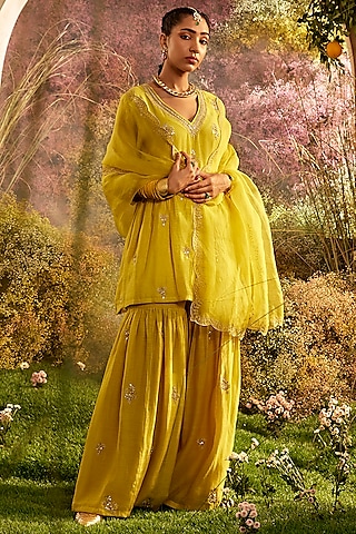Mustard Soft Chanderi Sharara Set by Charu Makkar