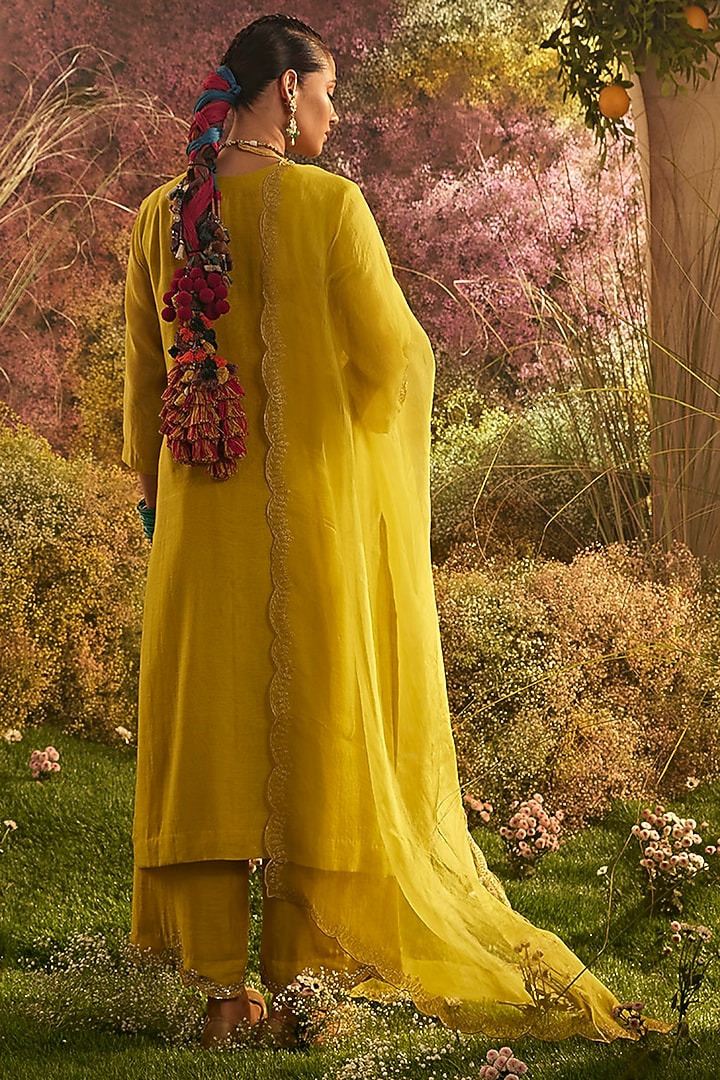 Mustard Soft Chanderi Hand Embroidered Kurta Set by Charu Makkar at Pernia's Pop Up Shop