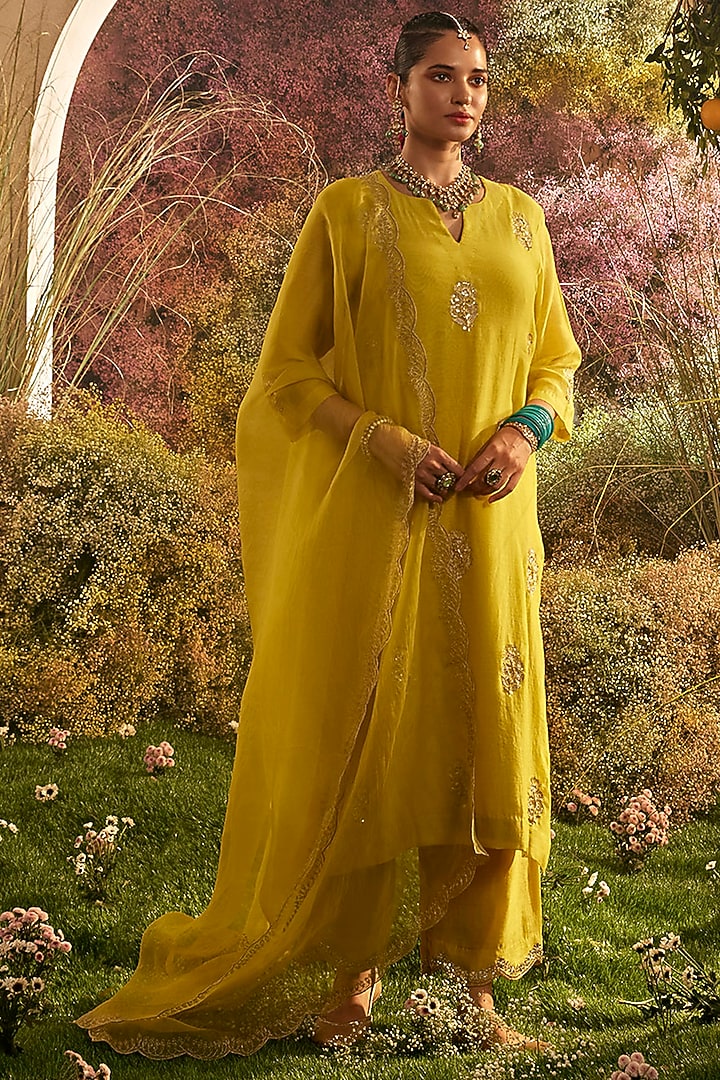 Mustard Soft Chanderi Hand Embroidered Kurta Set by Charu Makkar at Pernia's Pop Up Shop