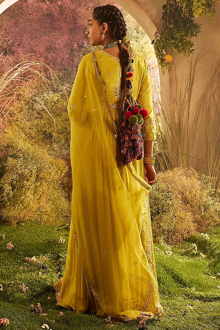 Mustard Chinon Hand Embroidered Gathered Wedding Anarkali With Dupatta by Charu Makkar at Pernia's Pop Up Shop