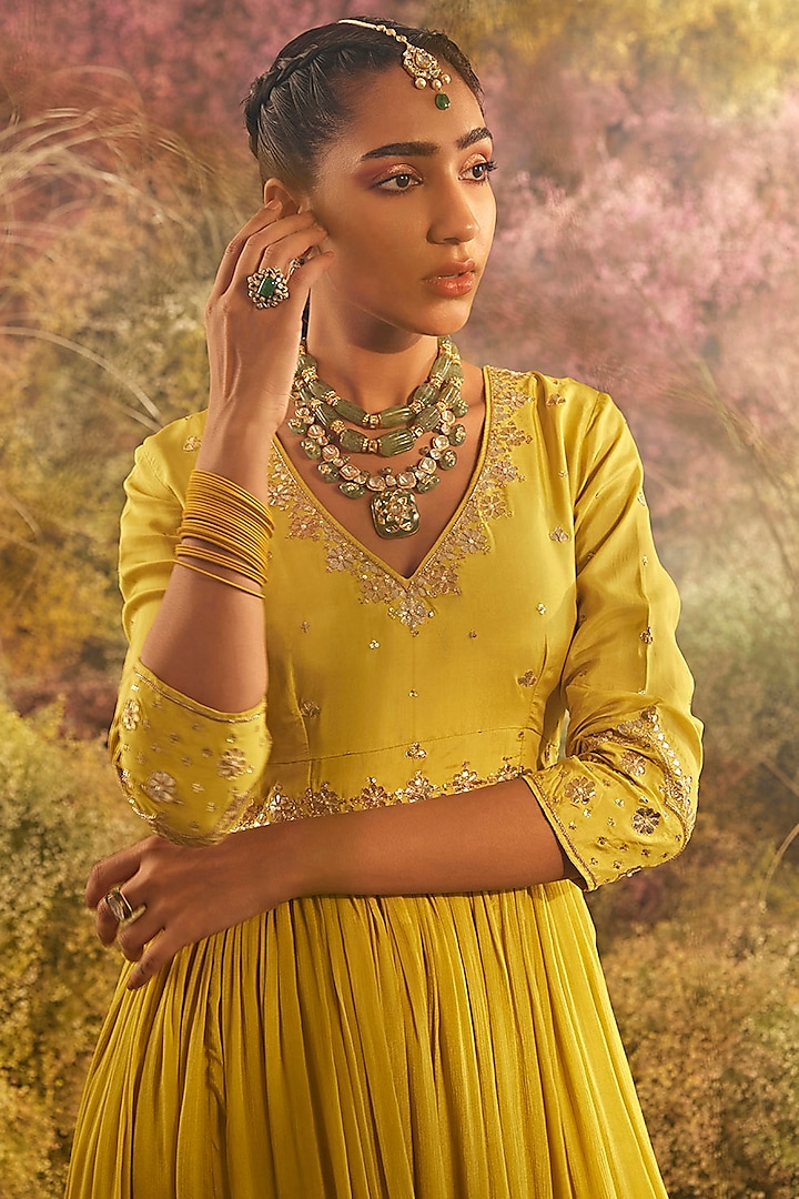 Mustard Chinon Hand Embroidered Gathered Wedding Anarkali With Dupatta by Charu Makkar at Pernia's Pop Up Shop