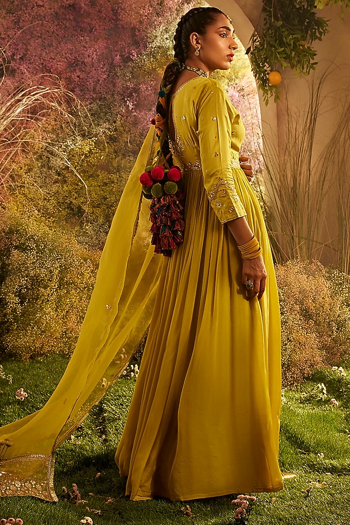Mustard Chinon Hand Embroidered Gathered Wedding Anarkali With Dupatta by Charu Makkar at Pernia's Pop Up Shop
