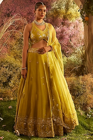 Mustard Silk Organza Hand Embroidered Lehenga Set by Charu Makkar
