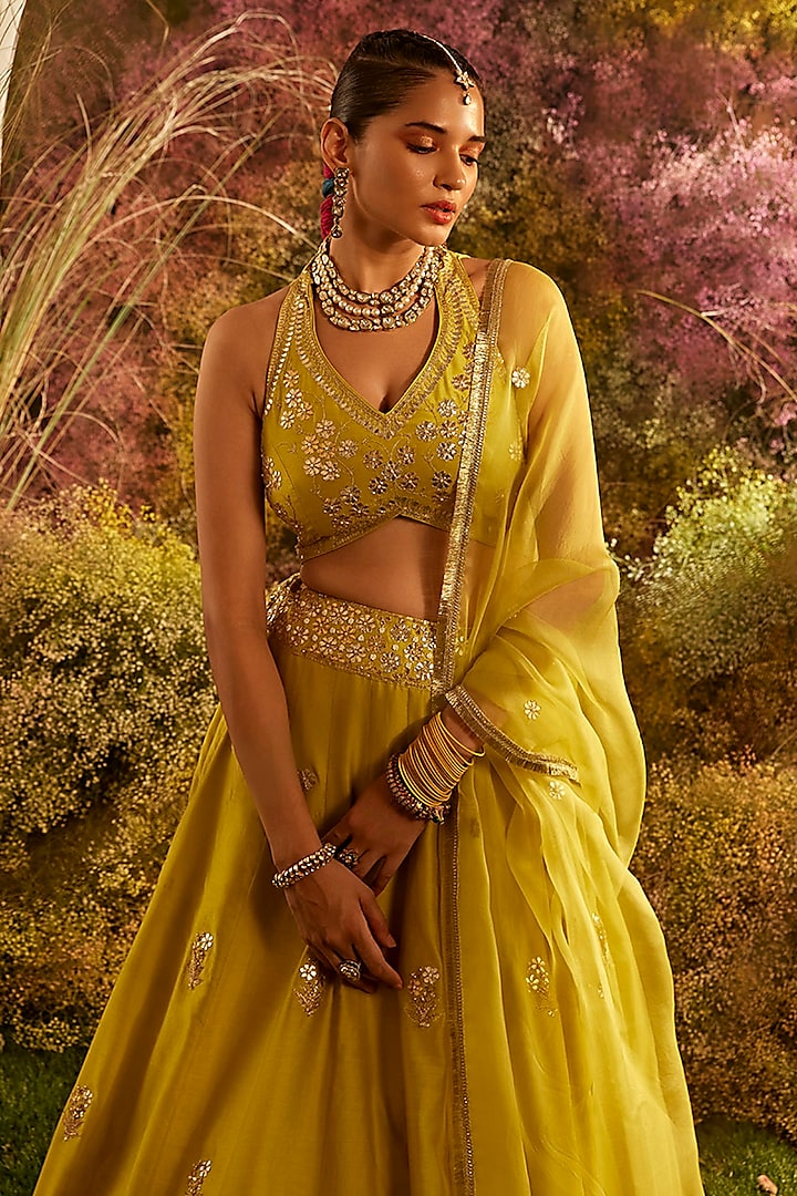 Mustard Silk Organza Hand Embroidered Wedding Lehenga Set by Charu Makkar at Pernia's Pop Up Shop