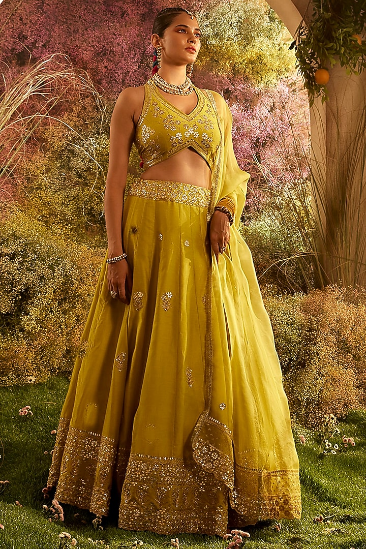 Mustard Silk Organza Hand Embroidered Wedding Lehenga Set by Charu Makkar at Pernia's Pop Up Shop