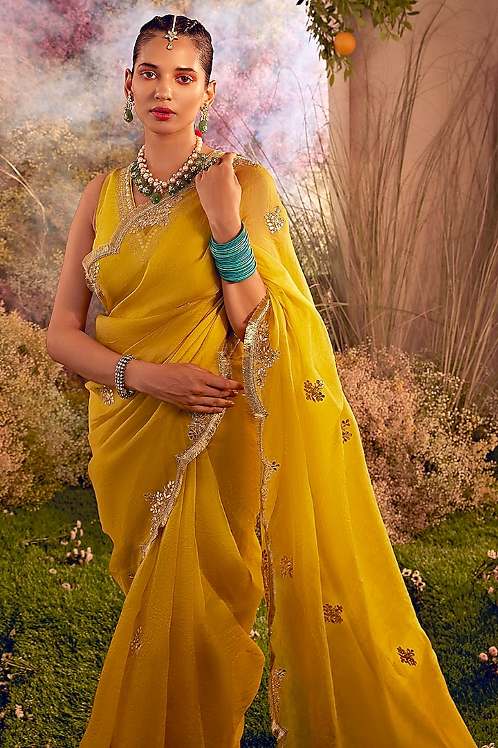 Mustard Organza Hand Embroidered Wedding Saree Set by Charu Makkar at Pernia's Pop Up Shop