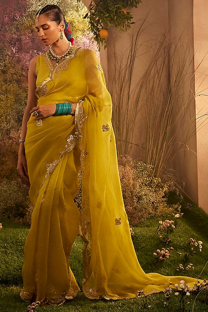 Mustard Organza Hand Embroidered Wedding Saree Set by Charu Makkar at Pernia's Pop Up Shop