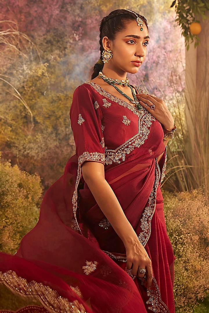 Maroon Silk Organza Aari & Zardosi Hand Embroidered Wedding Saree Set by Charu Makkar at Pernia's Pop Up Shop