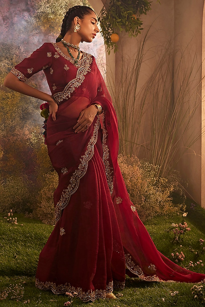 Maroon Silk Organza Aari & Zardosi Hand Embroidered Wedding Saree Set by Charu Makkar at Pernia's Pop Up Shop