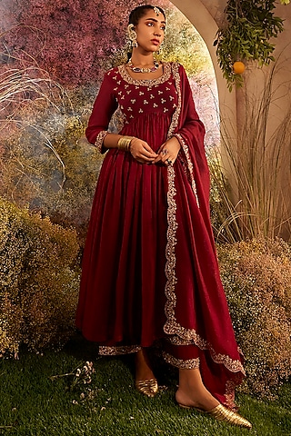 Maroon Soft Chanderi Hand Embroidered Anarkali With Dupatta by Charu Makkar