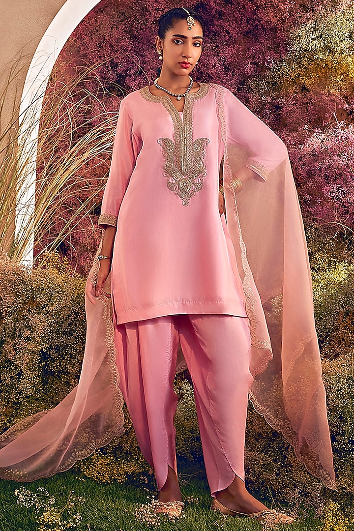 Light Pink Habutai Silk Marori & Sequins Embroidered Short Kurta Set by Charu Makkar