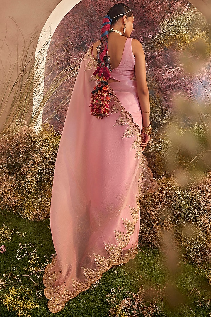 Light Pink Silk Organza Hand Embroidered Wedding Saree Set by Charu Makkar at Pernia's Pop Up Shop