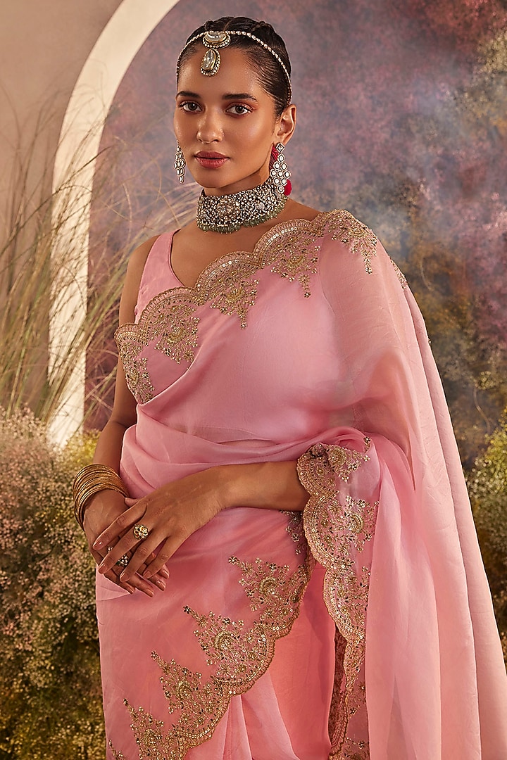 Light Pink Silk Organza Hand Embroidered Wedding Saree Set by Charu Makkar at Pernia's Pop Up Shop