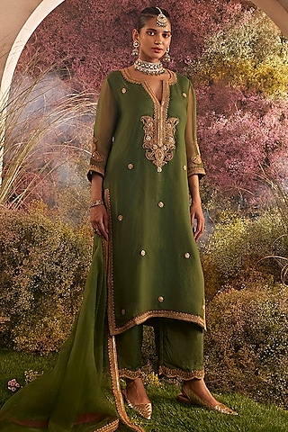 Buy Green Pure Silk Organza Saree Set by Designer CHARU MAKKAR Online at
