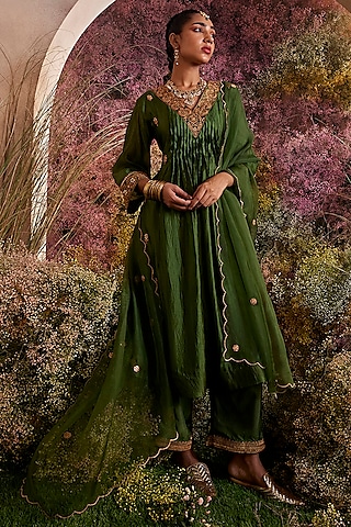 Buy Green Pure Silk Organza Saree Set by Designer CHARU MAKKAR Online at