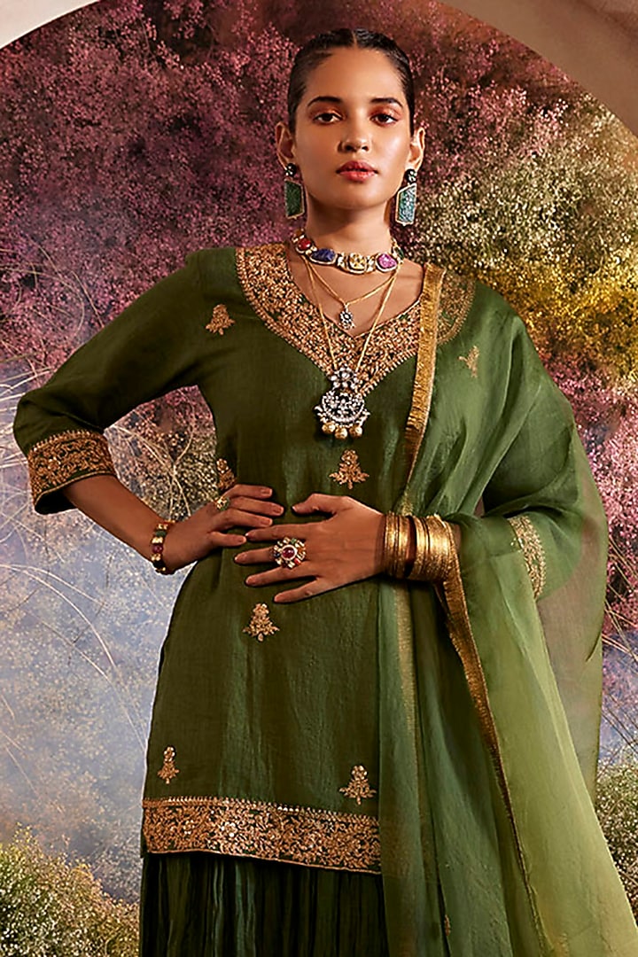 Green Soft Chanderi Skirt Set by Charu Makkar at Pernia's Pop Up Shop