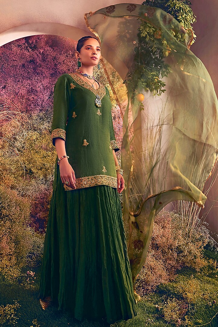 Green Soft Chanderi Skirt Set by Charu Makkar at Pernia's Pop Up Shop