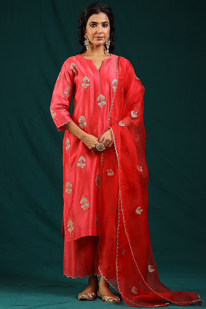 Red Chanderi Silk Embroidered Kurta Set by Charu Makkar