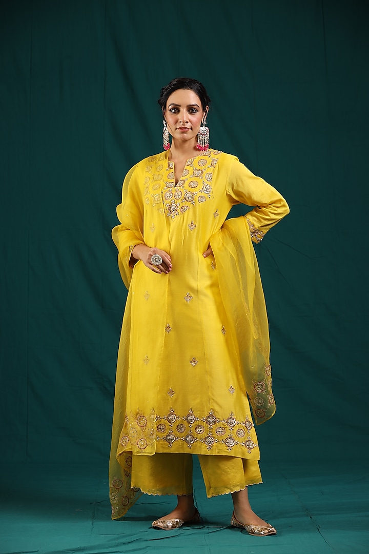 Mustard Chanderi Silk Embroidered Kurta Set by Charu Makkar