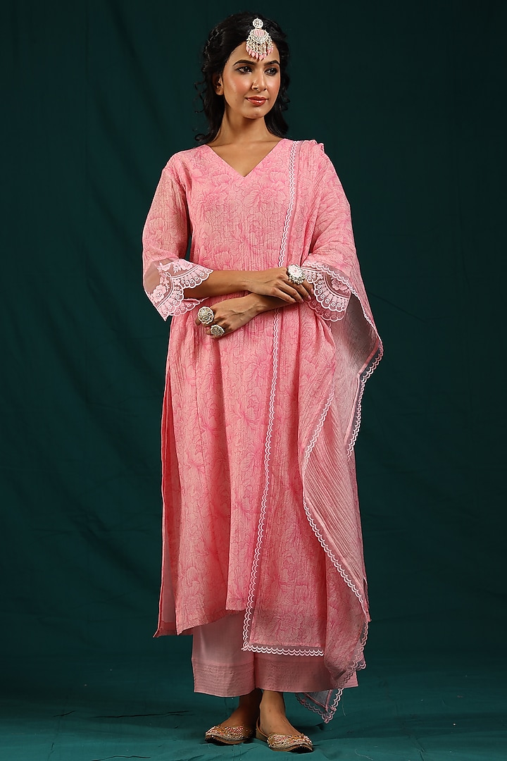 Baby Pink Soft Chanderi Printed Kurta Set by Charu Makkar