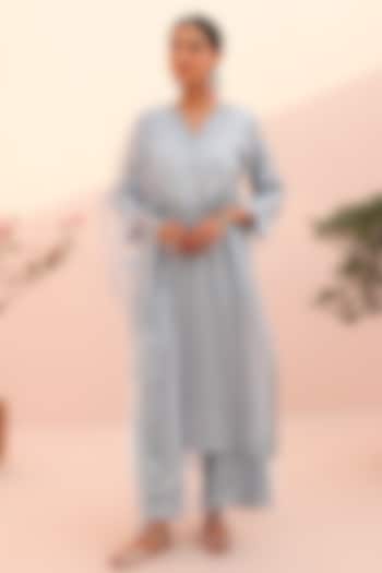 Moon Blue Tissue Chanderi Resham Embroidered Kurta Set by Charu Makkar at Pernia's Pop Up Shop