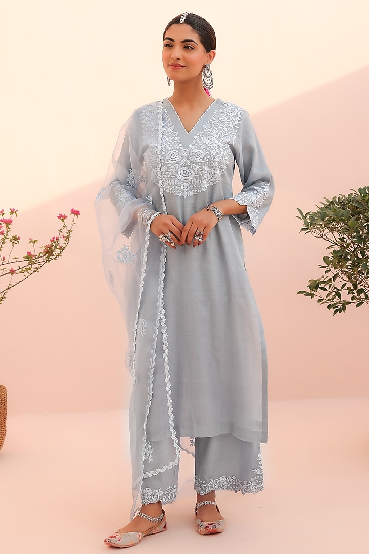 Moon Blue Tissue Chanderi Resham Embroidered Kurta Set by Charu Makkar at Pernia's Pop Up Shop