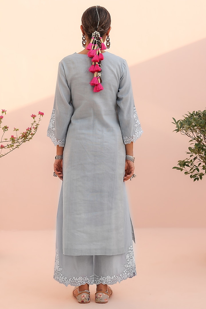 Moon Blue Tissue Chanderi Resham Embroidered Kurta Set by Charu Makkar at Pernia's Pop Up Shop