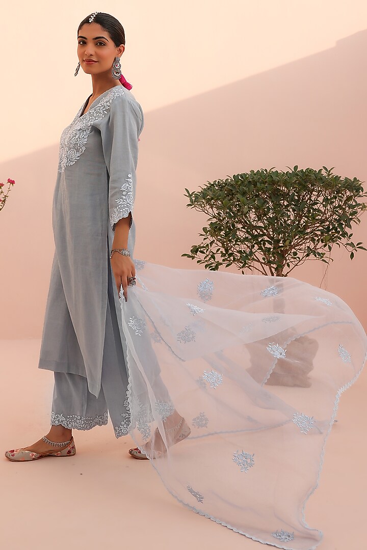 Moon Blue Tissue Chanderi Resham Embroidered Kurta Set by Charu Makkar at Pernia's Pop Up Shop