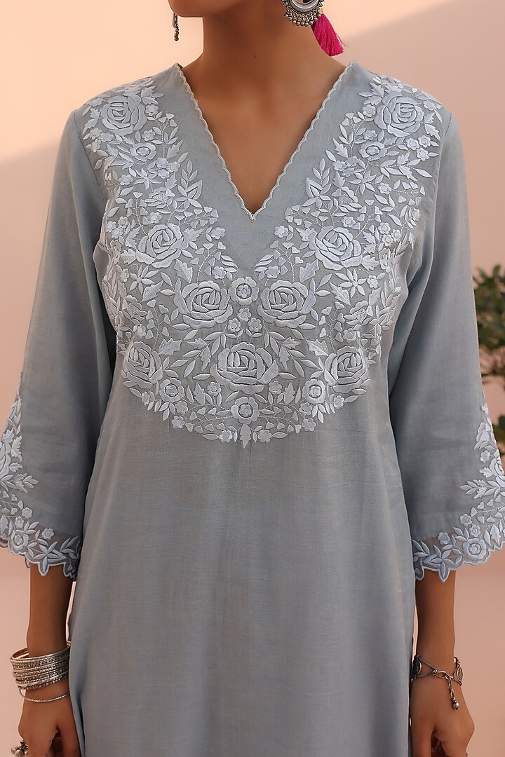 Moon Blue Tissue Chanderi Resham Embroidered Kurta Set by Charu Makkar at Pernia's Pop Up Shop