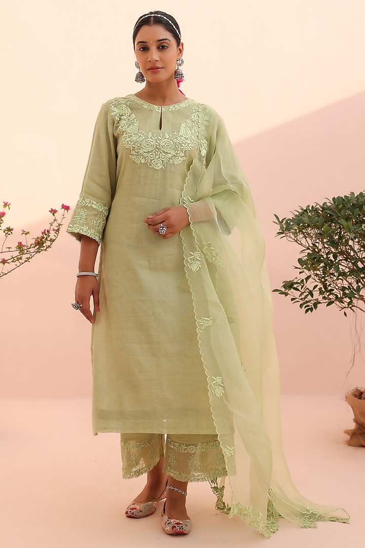 Elaichi Green Tissue Chanderi Resham Embroidered Kurta Set by Charu Makkar at Pernia's Pop Up Shop