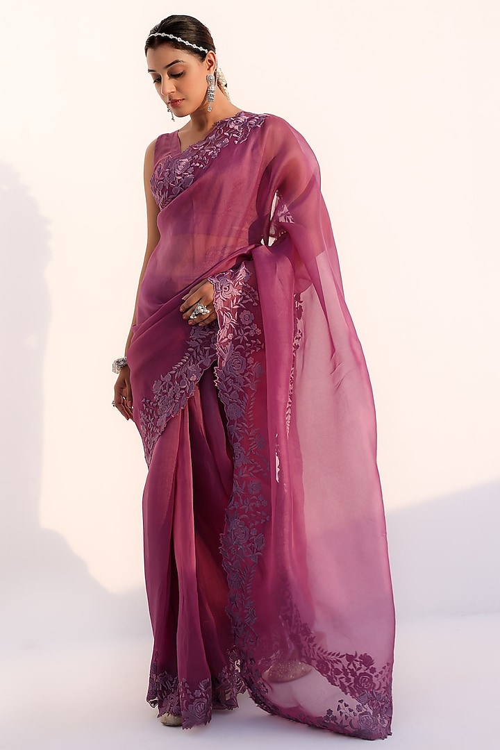Lilac Silk Organza Resham Machine Embroidered Wedding Saree Set by Charu Makkar at Pernia's Pop Up Shop