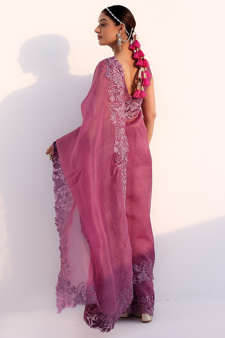 Lilac Silk Organza Resham Machine Embroidered Wedding Saree Set by Charu Makkar at Pernia's Pop Up Shop
