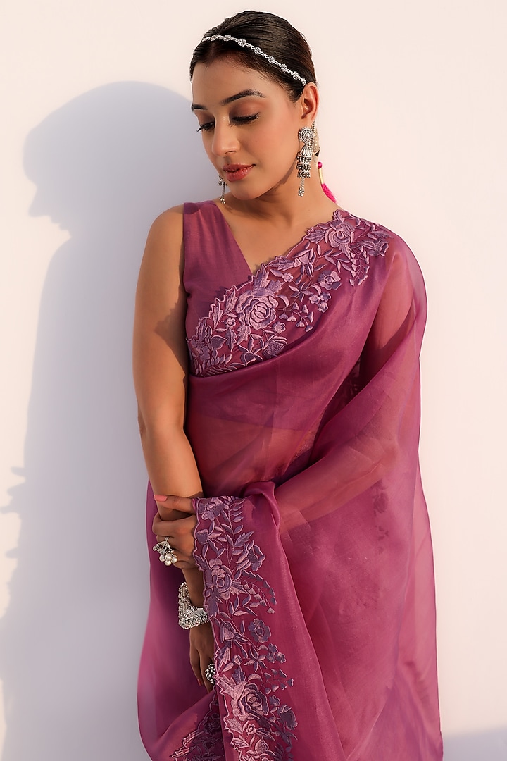 Lilac Silk Organza Resham Machine Embroidered Wedding Saree Set by Charu Makkar at Pernia's Pop Up Shop