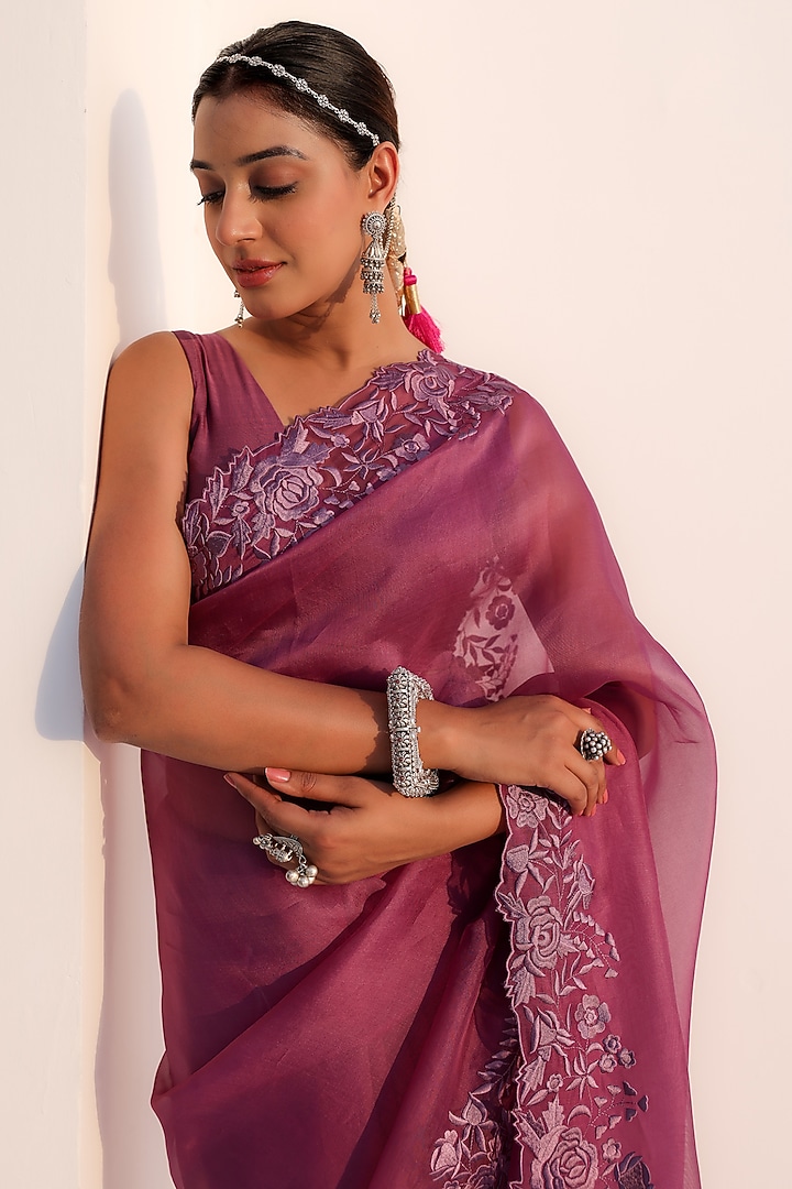 Lilac Silk Organza Resham Machine Embroidered Wedding Saree Set by Charu Makkar at Pernia's Pop Up Shop