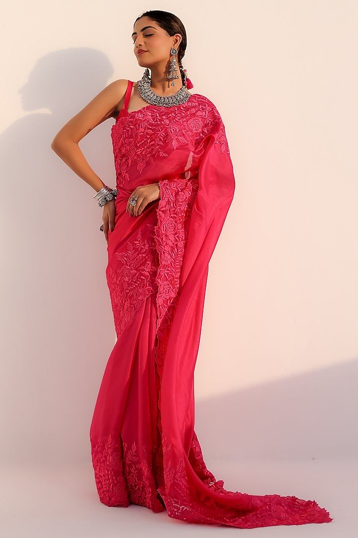 Rani Pink Italian Silk Organza Resham Work Wedding Saree Set by Charu Makkar at Pernia's Pop Up Shop