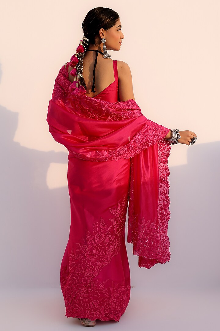 Rani Pink Italian Silk Organza Resham Work Wedding Saree Set by Charu Makkar at Pernia's Pop Up Shop