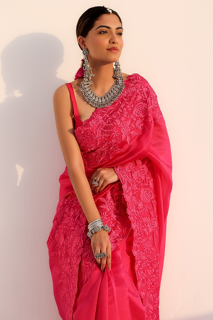 Rani Pink Italian Silk Organza Resham Work Wedding Saree Set by Charu Makkar at Pernia's Pop Up Shop