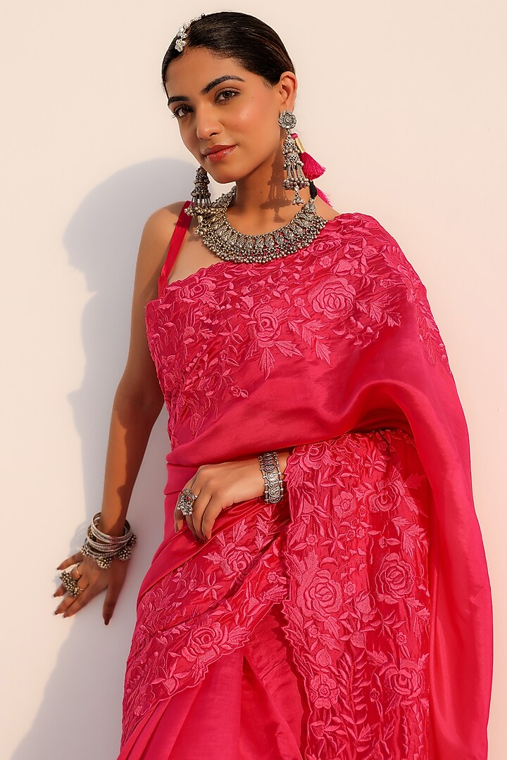 Rani Pink Italian Silk Organza Resham Work Wedding Saree Set by Charu Makkar at Pernia's Pop Up Shop