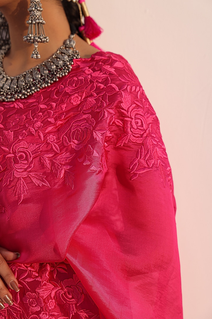 Rani Pink Italian Silk Organza Resham Work Wedding Saree Set by Charu Makkar at Pernia's Pop Up Shop