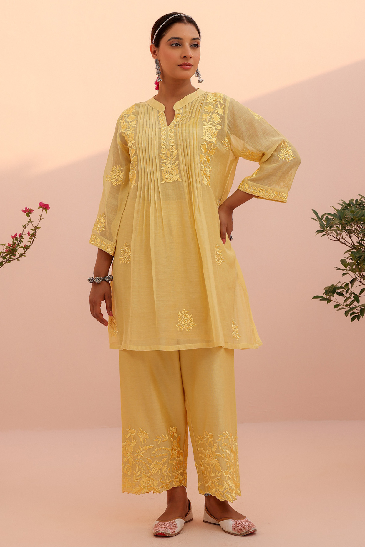 Lemon Yellow Mul Chanderi Machine Embroidered Kurta Set by Charu Makkar at Pernia's Pop Up Shop